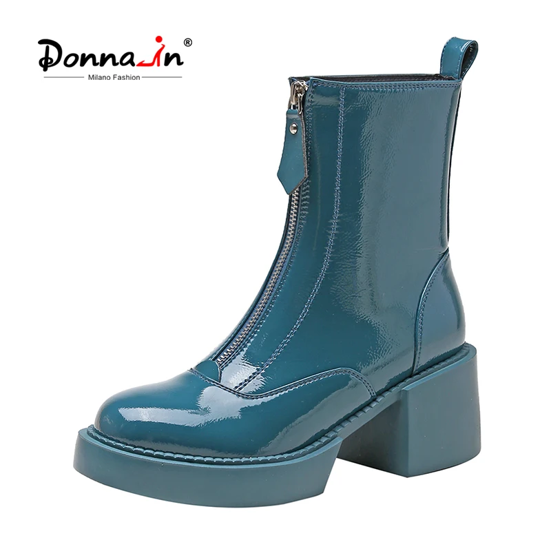 

Donna-in 2021 New Blue Patent Leather Martin Boots Block High Heels Platform Women Ankle Booties Front Zipper Street Style