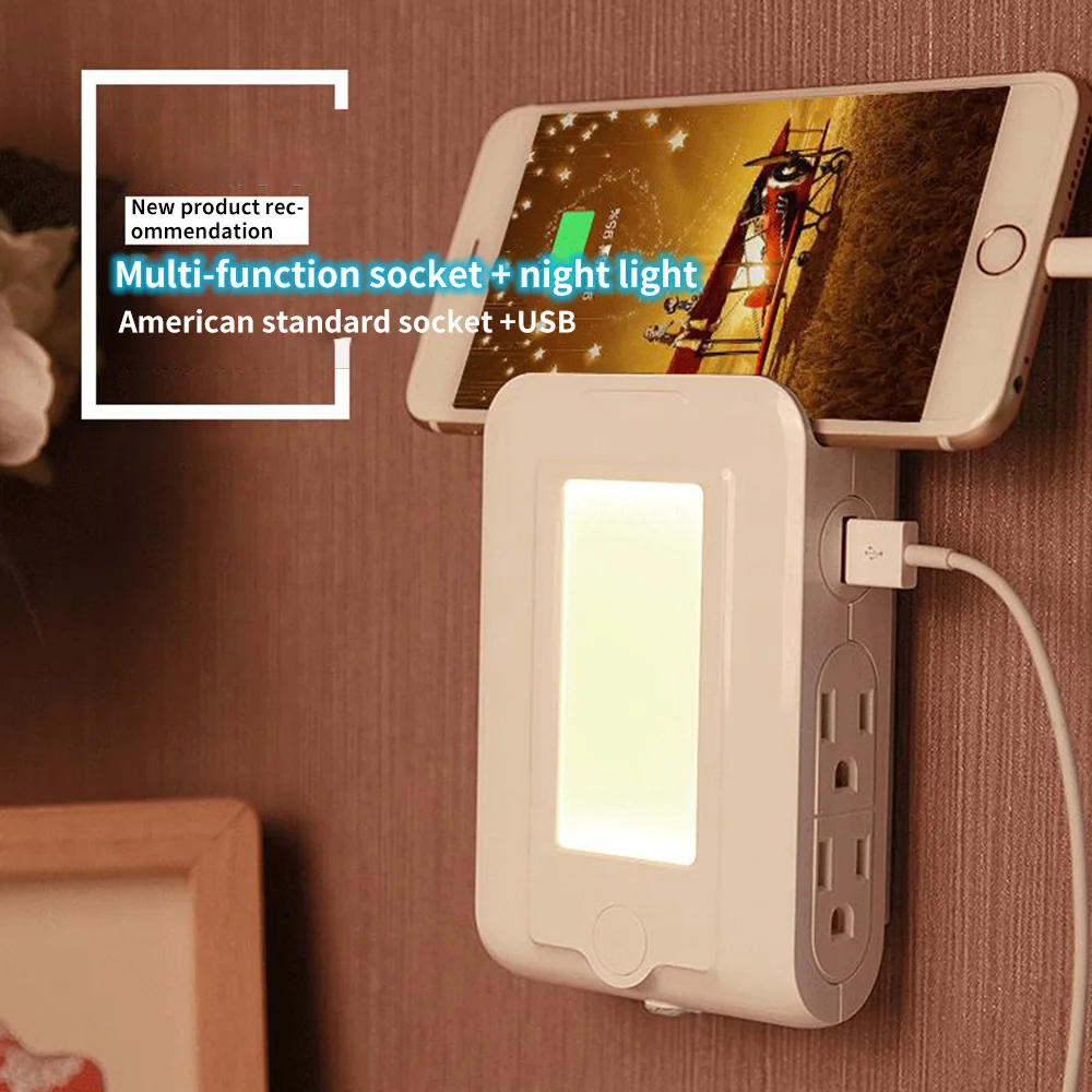

2 USB Outlet Ports 3 In 1 Multi-Function Phone Holder For Xiaomi Light Dual USB Charging Socket Plug In Smart Led Night Light
