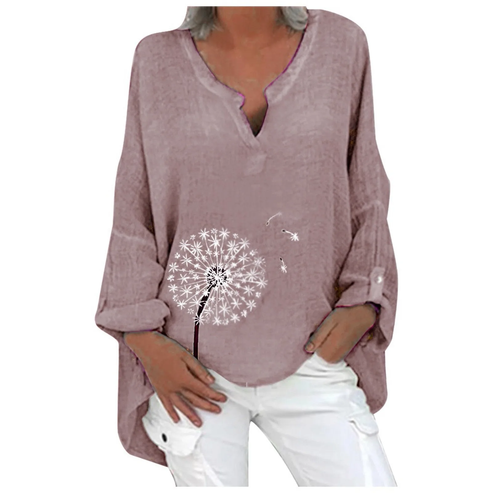 

40# Dandelion Print Women Blouse V-neck Casual Long Sleeve Loose Plus Size Tops Summer Shirt Solid Color Blouses 2021