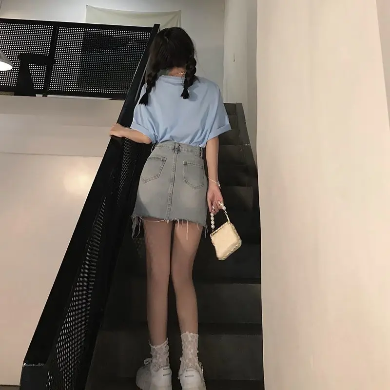

2021 Summer Retro Irregular Denim Skirt Female Small Tall Waist Was Thin and Hole Hot Girl A-line Package Hip Short Skirt Trend