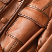 Classic Long Leather Coat Slim Women Sheepskin Genuine Leather Jackets High Quality Long Sleeves Jackets with Sashes Pockets