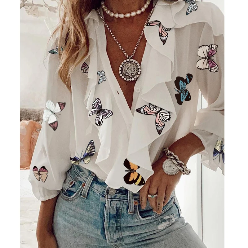 

Lugentolo Print Chiffon Shirts Women V-neck Long Sleeves Tops Streetwear Fashion Loose Ruffle Stitching Shirts
