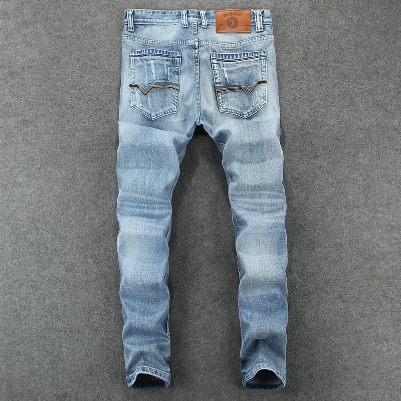 European American Vintage Fashion Men Jeans Retro Light Blue Elastic Slim Fit Ripped Jeans Men Korean Style Denim Pencil Pants