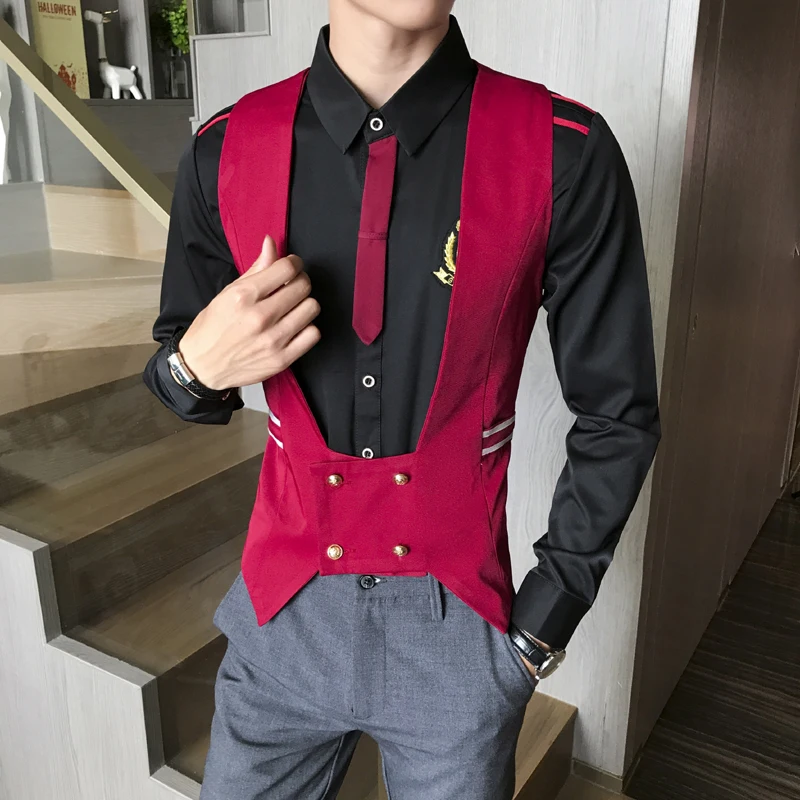 

Deep U-neck Sexy Men Vest Fashion Double-Breasted Dress Vest Formal Slim Business Dress Vest Plus Size 5XL Men Bar tooling Vest