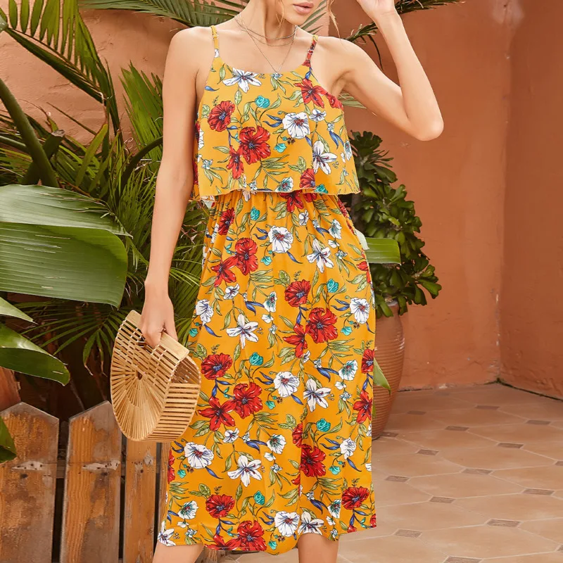 

Повседневное летнее женское платье с цветочным рисунком, сексуальные платья на бретелях, женское винтажное пляжное платье миди с вырезом л...