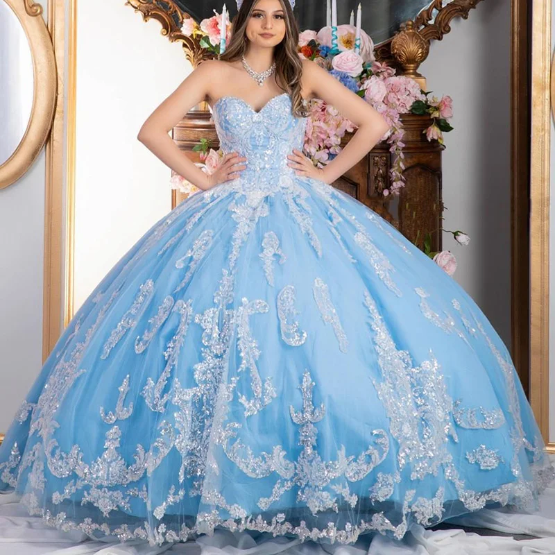 

Sky Blue Sequins Lace Quinceanera Dresses Ball Gown Long Sweetheart Lace-up Sweet 16 Dress Party Prom Wear Vestidos De Fiesta