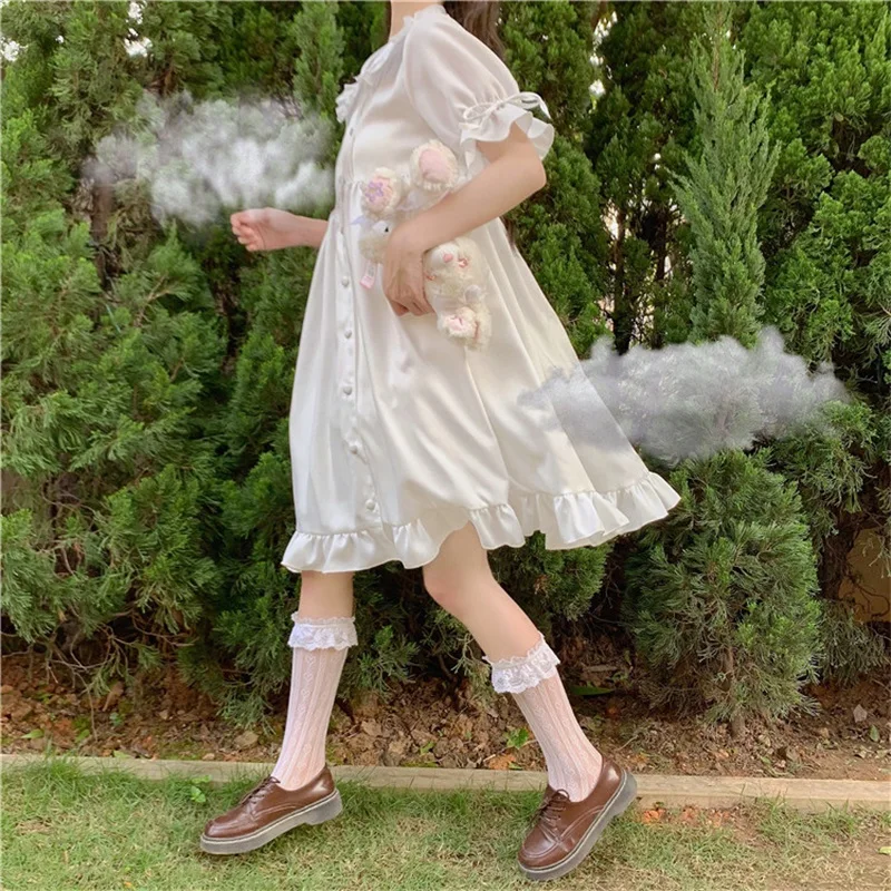

Japanese Sweet Girl Lolita Drees Kawaii Peter Pan Collar Cute Ruffle Puff Sleeve Drees Solid Color Elegant Retro Lady Drees