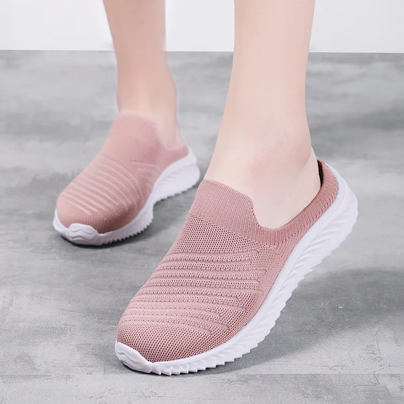 

Women's Vulcanized Half-heel Sneakers Ladies Weave Mesh Sport Shoes Fashion Casual Light Comfy Breathable Zapatillas Mujer 2021