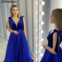 new elegant v neck evening dress 2021 a line sleeveless satin royal blue party dress simple women formal gowns special occasion