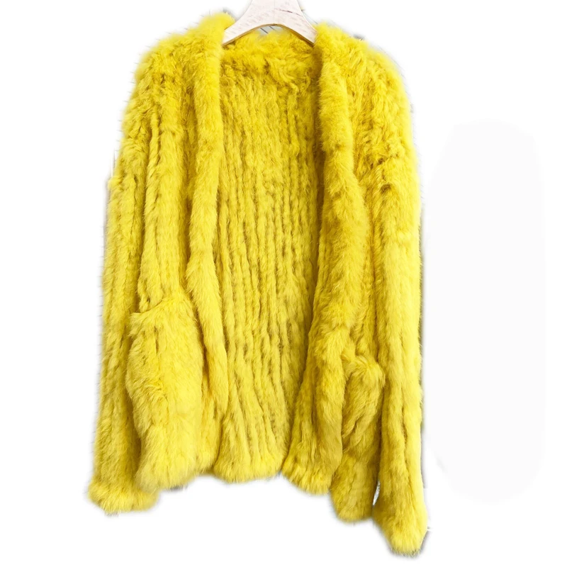 Zero Fish Produce 2021 New Fashion Real ladies Fur  Genuine Knitted Rabbit Coat With Pocket  Fur  Jacket Color Size Customized