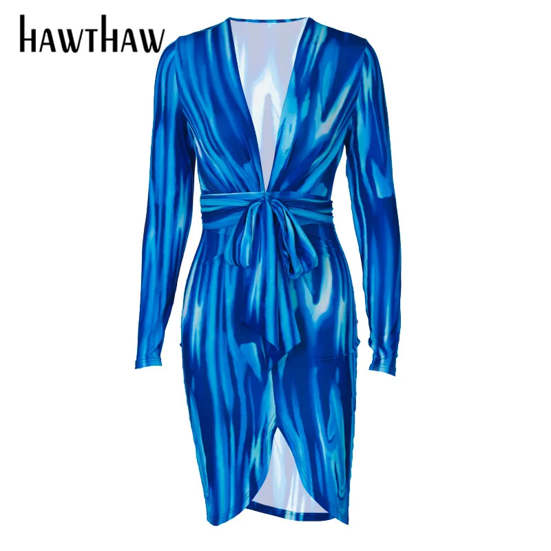 

Hawthaw Women Fashion Autumn Long Sleeve V Neck Bandage Printed Package Hip Mini Dress 2021 Fall Female Clothing Streetwear