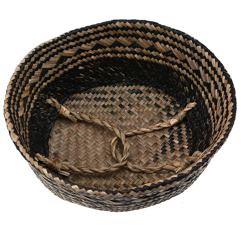 Woven Storage Basket with Black Grid Handmade Seagrass Wicker Gift Basket Garden Flower Pot Laundry Container Toy Storage Holder images - 6