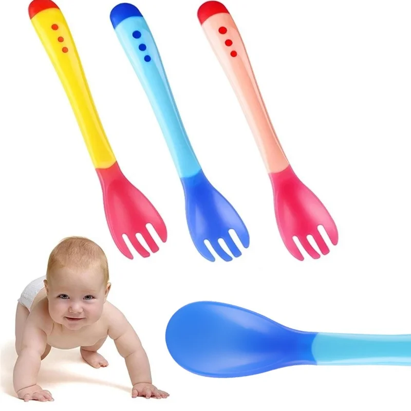 

2Pcs Candy Color Soft Baby Feeding Tools Infant Feeding Gardets Temperature Sensing Spoon Fork Toddler Flatware Kids Fork Spoon