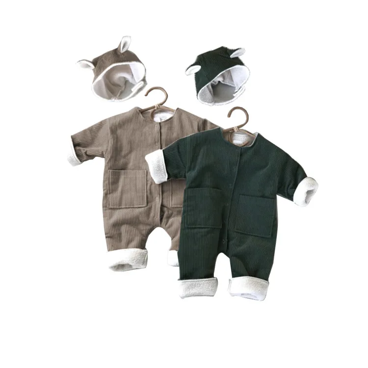 

2020 Autumn And Winter Corduroy Plus Velvet Thickened Baby Romper Free Hat