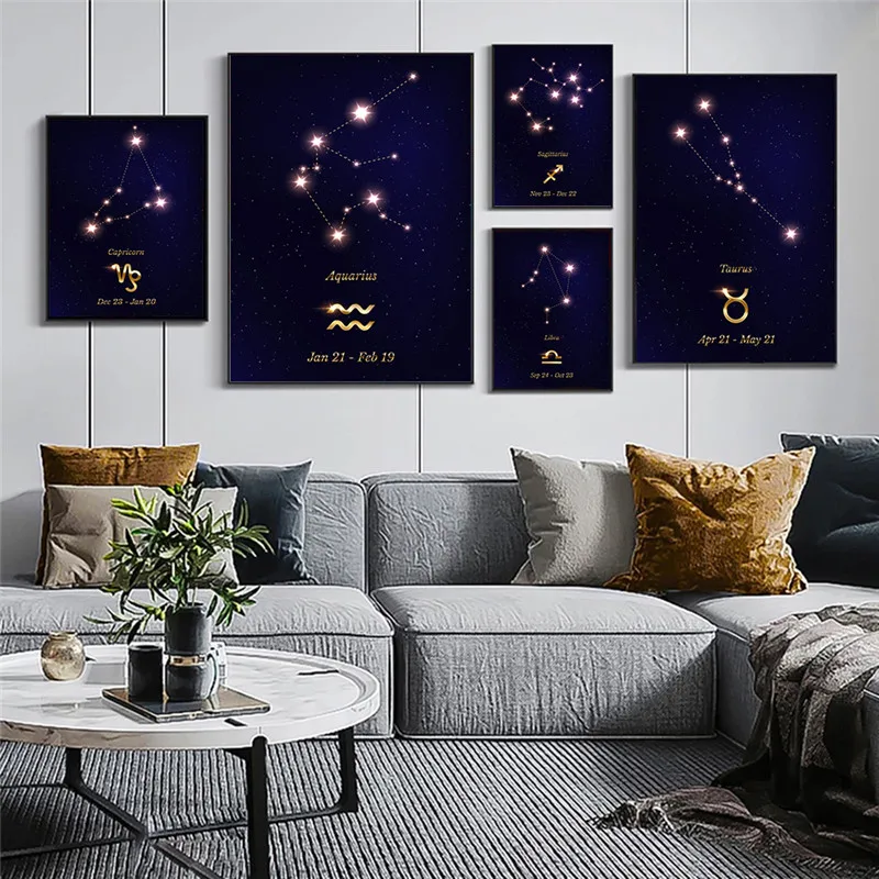 

12 Zodiac Signs Constellation Galaxy Canvas Painting Posters and Prints Wall Art Pictures for Living Room Home Decor