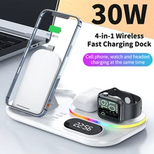 4 in 1 Wireless Chargers For iPhone 13 Pro/12/11/XR/8 15W Qi Wireless Chaging Staion For iwatch/Airpods 3 With LED Clock