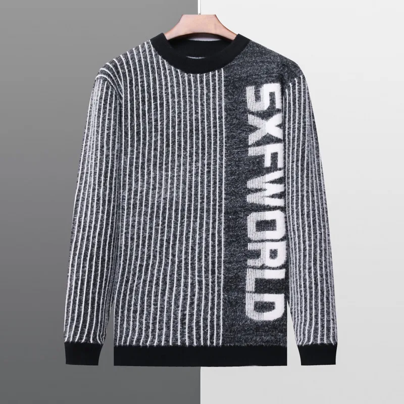 

#5842 Black Khaki Knitted Sweater Men Vertrical Striped Letters Pullovers Mink Velvet Casual Men's Sweater O-Neck Korean Style