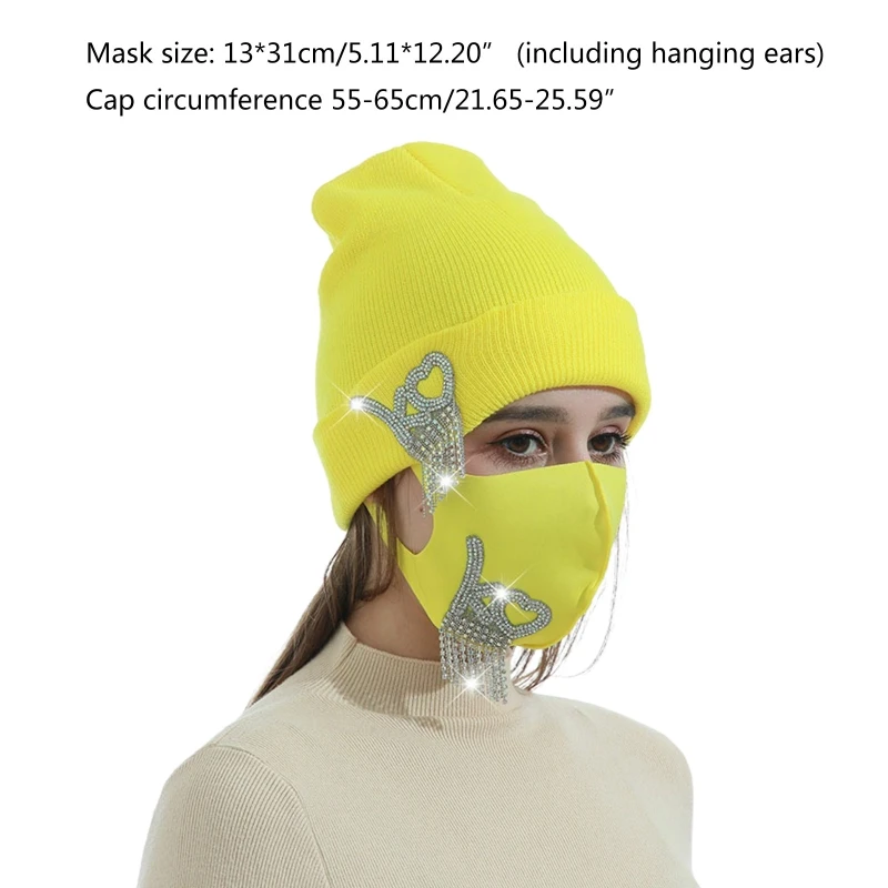 

Unisex 2Pcs Beanie Hat and Dustproof Face Mask Set Shiny Rhinestone Tassel Jewelry Skull Cap Nightclub Party Mouth Cover