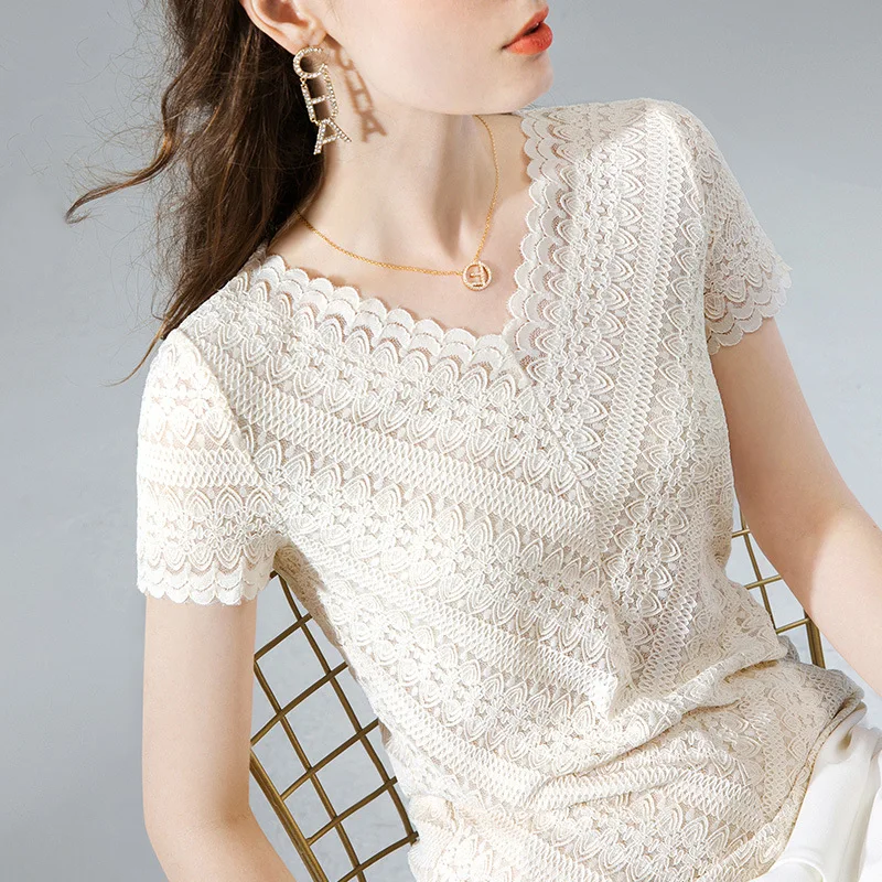 Женская кружевная рубашка с коротким рукавом волнистый топ V образным вырезом в