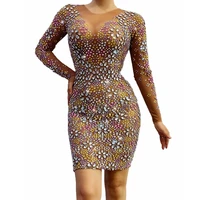 sparkly pearl multicolor full rhinestone dress women see though mesh bodycon evening party dresses club singer dancer costume