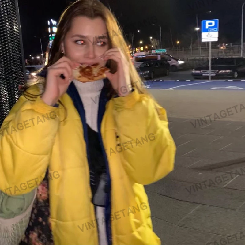 

B-TOTO American Retro Lemon Yellow White Stand-up Collar Cotton Jacket Female Autumn And Winter Tide Ins Cotton Jacket 2021
