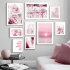 Плакаты и принты в скандинавском стиле в форме сердца, солнце, Розовый пион, фламинго, тростник, настенная живопись, настенные картины для декора гостиной