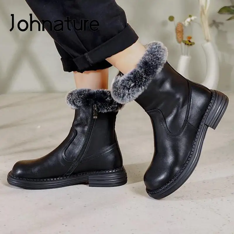 

Женские ботинки из натуральной кожи Johnature, теплые плюшевые ботинки на молнии с круглым носком, с прошивкой, яркие зимние ботинки для отдыха, ...