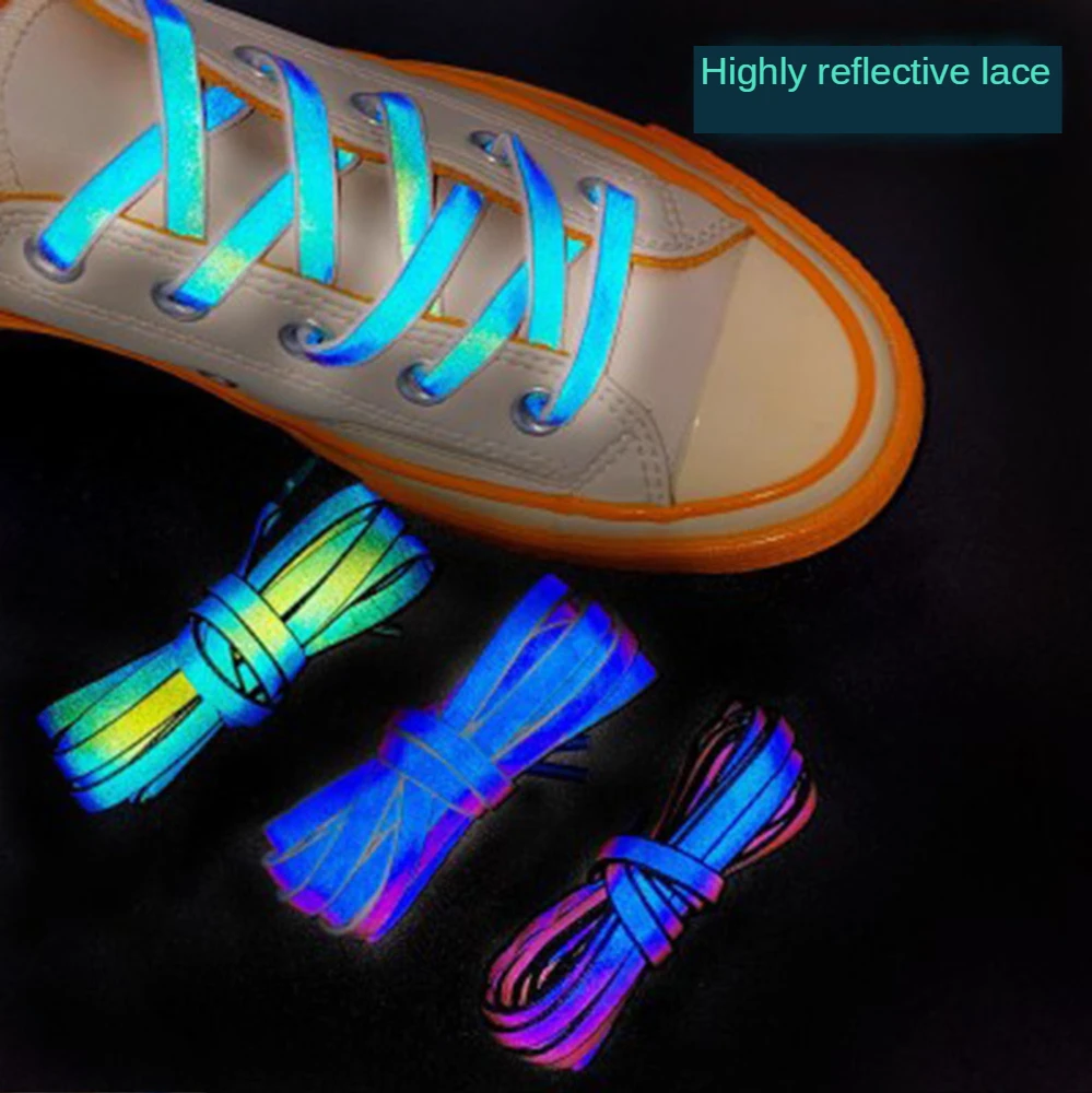 

Голографические Светоотражающие яркие двусторонние шнурки для обуви, эластичные шнурки для кроссовок, плоские шнурки для детей и взрослых