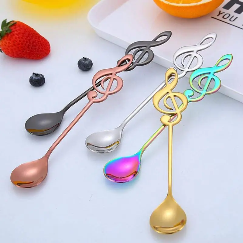 5 Pcs Stainless Steel Spoon Coffee Note Shape Music Theme Tea Stirring Small Ice Cream Dessert Scoop Creative Flatware | Дом и сад