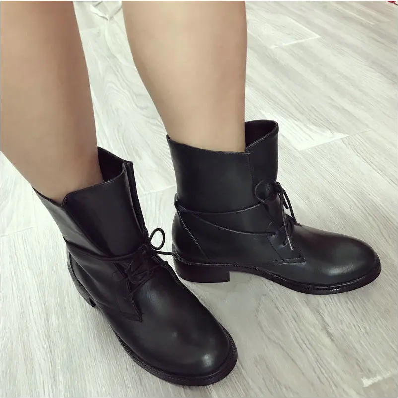 

New Faux Leather Autumn Winter Women's Ankle Boots Black Wine Green Beige Casual Flat Walking Boots Big Size Ladies Shoes