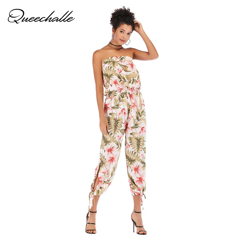 

Женский комбинезон без бретелек, белый, черный, красный комбинезон с цветочным принтом, повседневный комбинезон без рукавов с эластичным поясом, лето 2021