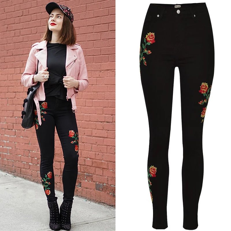 Женские Эластичные Обтягивающие джинсы с высокой талией и вышитыми розами
