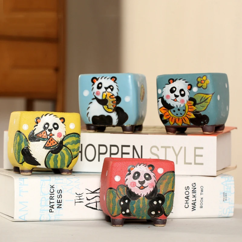 

Garden Accessories Korean Ins Painted Cute Panda Succulent Ceramic Flower Pot Cartoon Square Pot Balcony Garden Plants