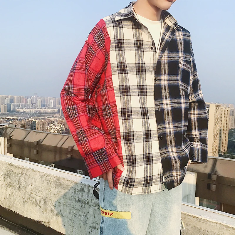 

Plaid Patchwork new Streetwear Shirts Mens 2020 Casual Designer Long Sleeve Shirt Men High Quality Korean Style Clothes