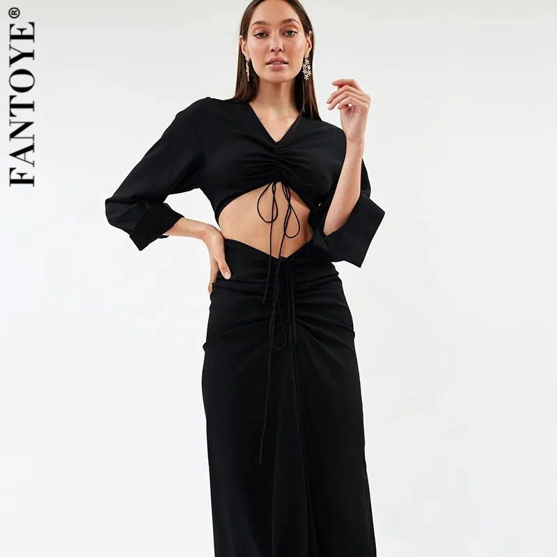 Женское ажурное платье FANTOYE элегантное эластичное длинное облегающее с рюшами и