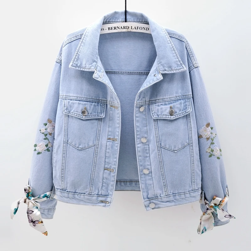 

Vintage Blue Embroidery Denim Jacket Coat Women Bow Long Sleeve Short Outerwear Chaqueta Mujer Korean Loose Jeans Jackets Female