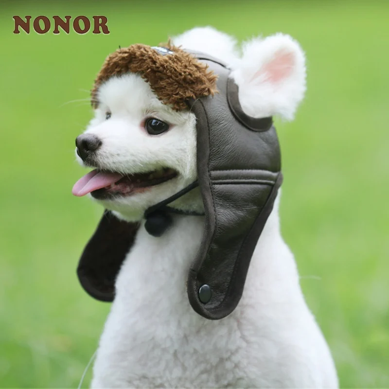 

NONOR Warm Dog Pilot Hat Leather Pet Dog Cap For Large puppy Dogs Hats Funny Cosplay Pet Dog Hat Christmas gift for dog S-2XL