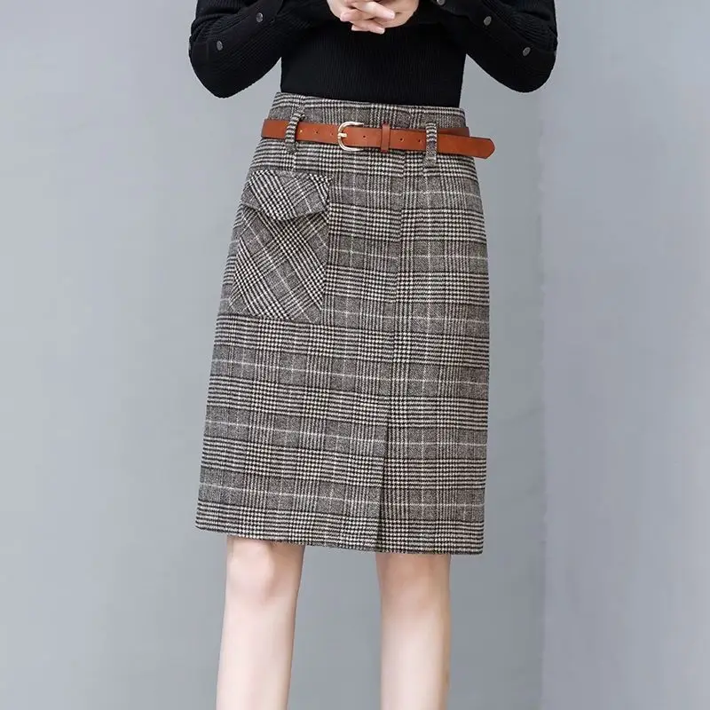 Шерстяная клетчатая юбка для женщин длинная Осень-зима 2019 новая Двухступенчатая