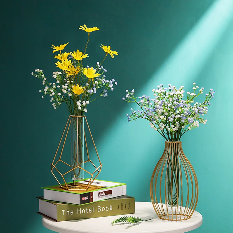 

Nordic Iron Golden Geometric Glass Vase Home Living Room Decoration Ornament Hydroponic Flower Plant Vase Office Desktop Decor