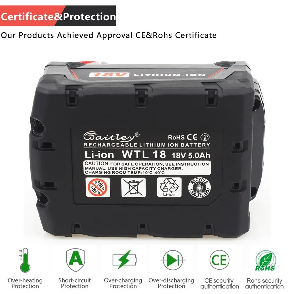 Сменный литиевый аккумулятор Waitley 18 в 5 0 Ач для электроинструмента Milwaukee M18 ионные