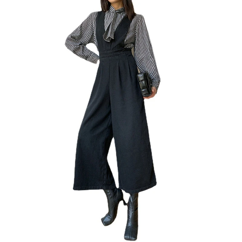 

2021 Spring new denim overalls for women autumn Korean loose straight leg pants retro suspenders office lady jumpsuit femme B081