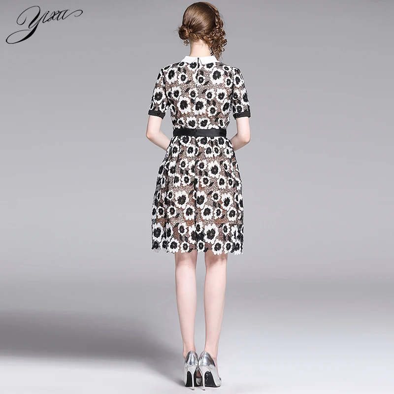 Runway Woman Floral Lace Dress Short Sleeve Elegant OL Party Dresses Slim A-line Laces Women Summer | Женская одежда