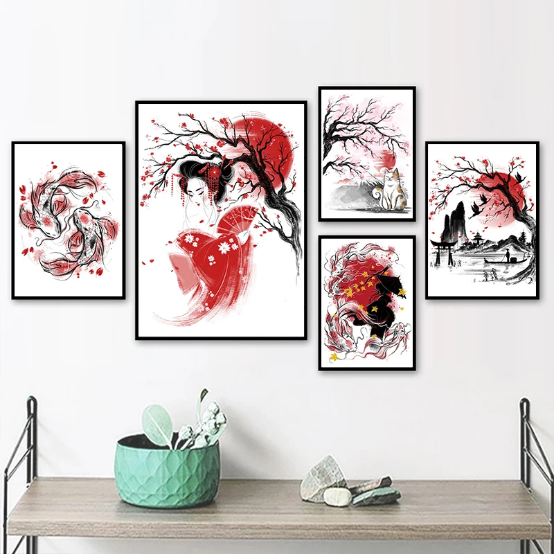 

Japanese Geisha Poster and Print Koi Crane Bird Lucky Cat Wall Art Canvas Painting Picture for Living Room Home Bar Decoration