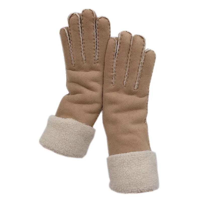 

Winter ladies mid-length fashion gloves imitation suede thick cotton 2020 new beige imitation lamb hair hand-stitched to keep wa