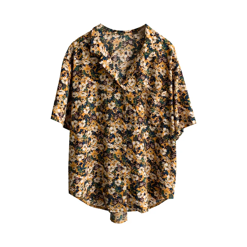 

Printed Short Sleeve 2021 Summer New Retro Internet Celebrity V-neck Short Sleeve Shirt Loose Floral Chiffon T-shirt Top