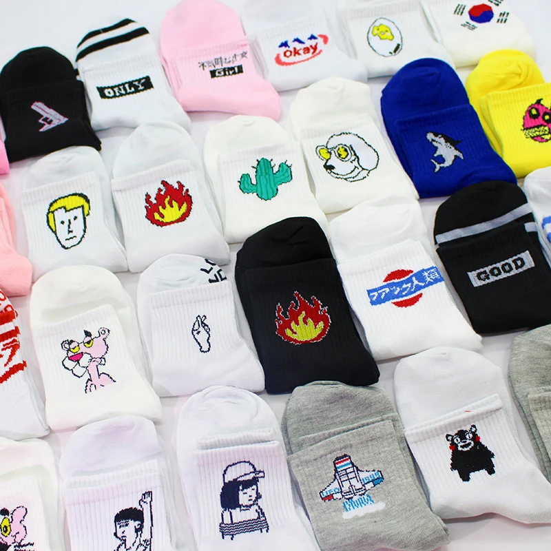 

5 Pairs Cute Kawaii Harajuku Funny Cartoon Women Short Socks Set Cat Cactus Gun Shark Flame Animal White Black Pink Socks Cotton