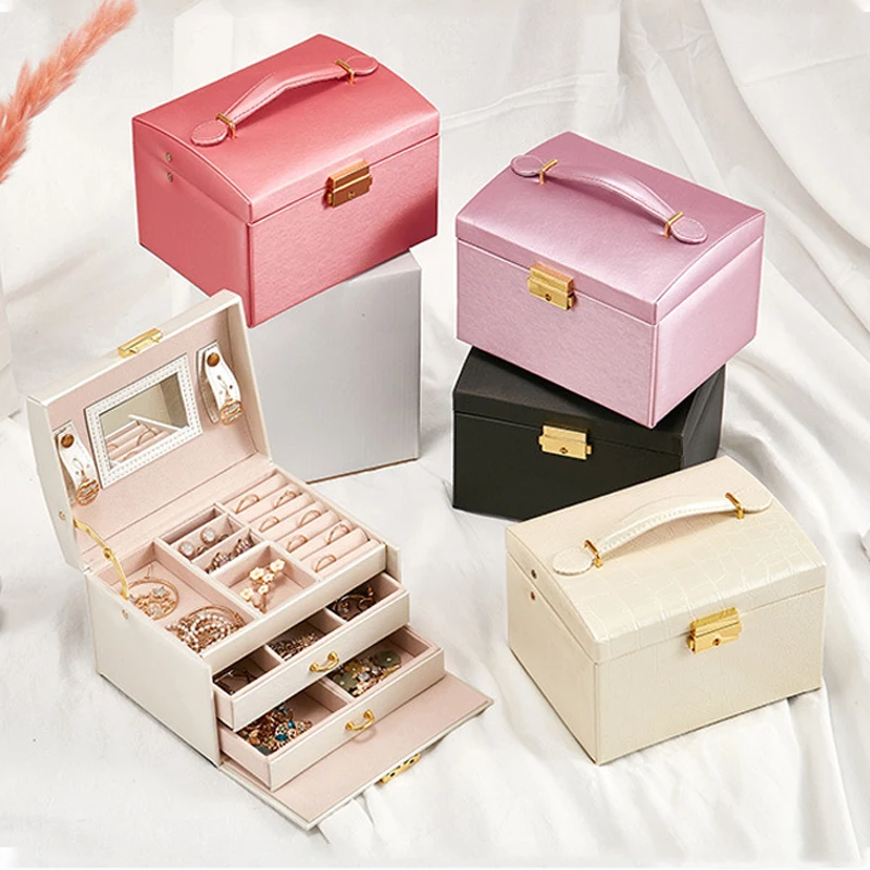 Шкатулка для ювелирных украшений женщин кожаный 3-уровневый органайзер хранения