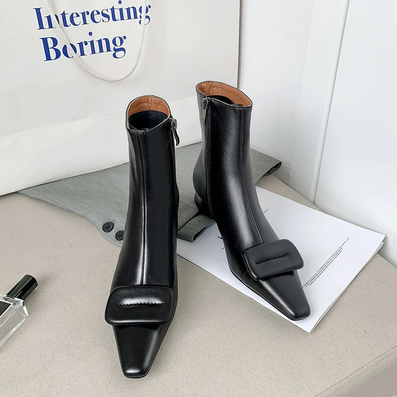 

Women Square Buckle Ankle Boots Winter Comfortable SheepSkin Chelsea Boots Zipper Strange Heels Prom Shoes Woman