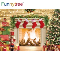 funnytree christmas party winter background fireplace socks tree branches wreath gifts gold bells lights photocall backdrop