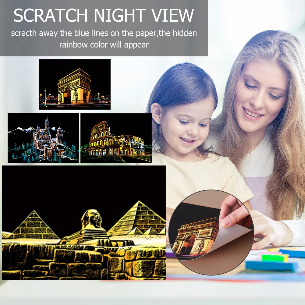 

4 Pcs 20x14 CM A5 Bunte Magie Schaben Malerei DIY Manuelle City Night View Scratch Papier Zeichnung Spielzeug fr Kinder Lernen